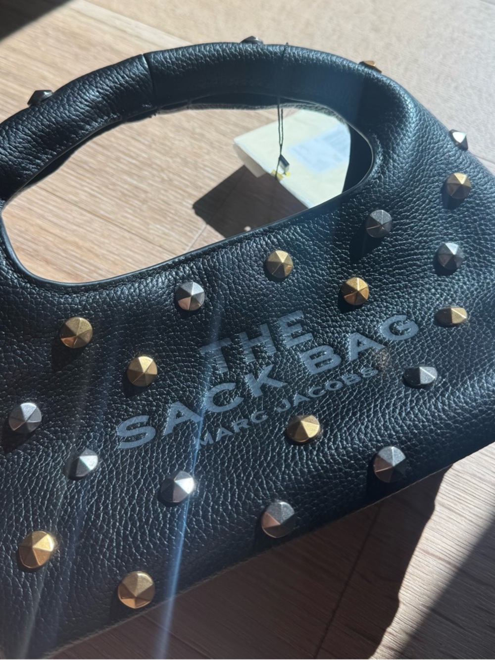 Marc Jacobs Black Leather Mini Sack Bag with Gold & Silver Studs
